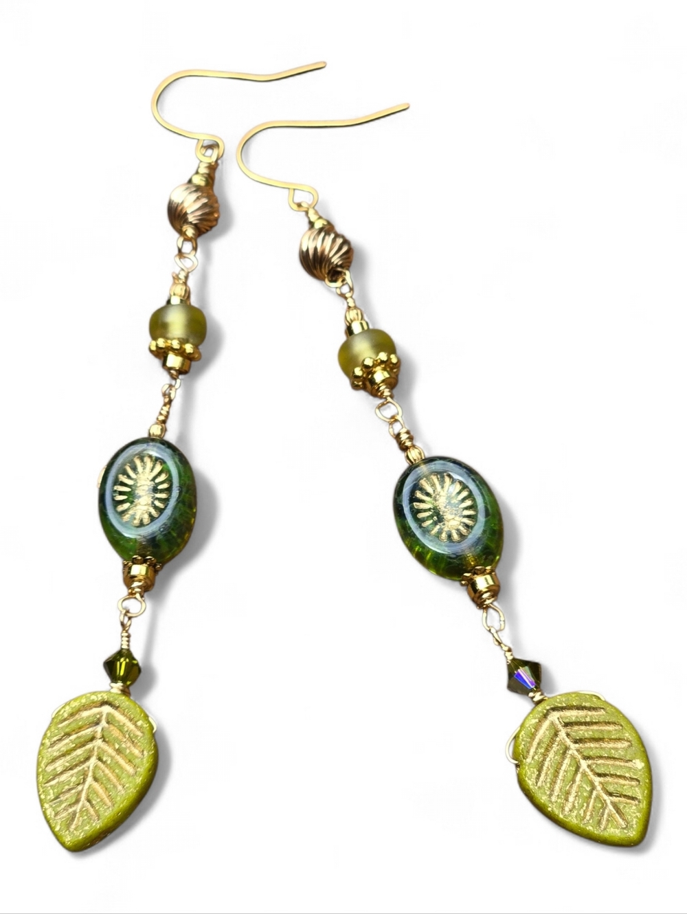 Long Tropical Leaf Kiwi Green Gold Summer Beach Linear Earrings NEW